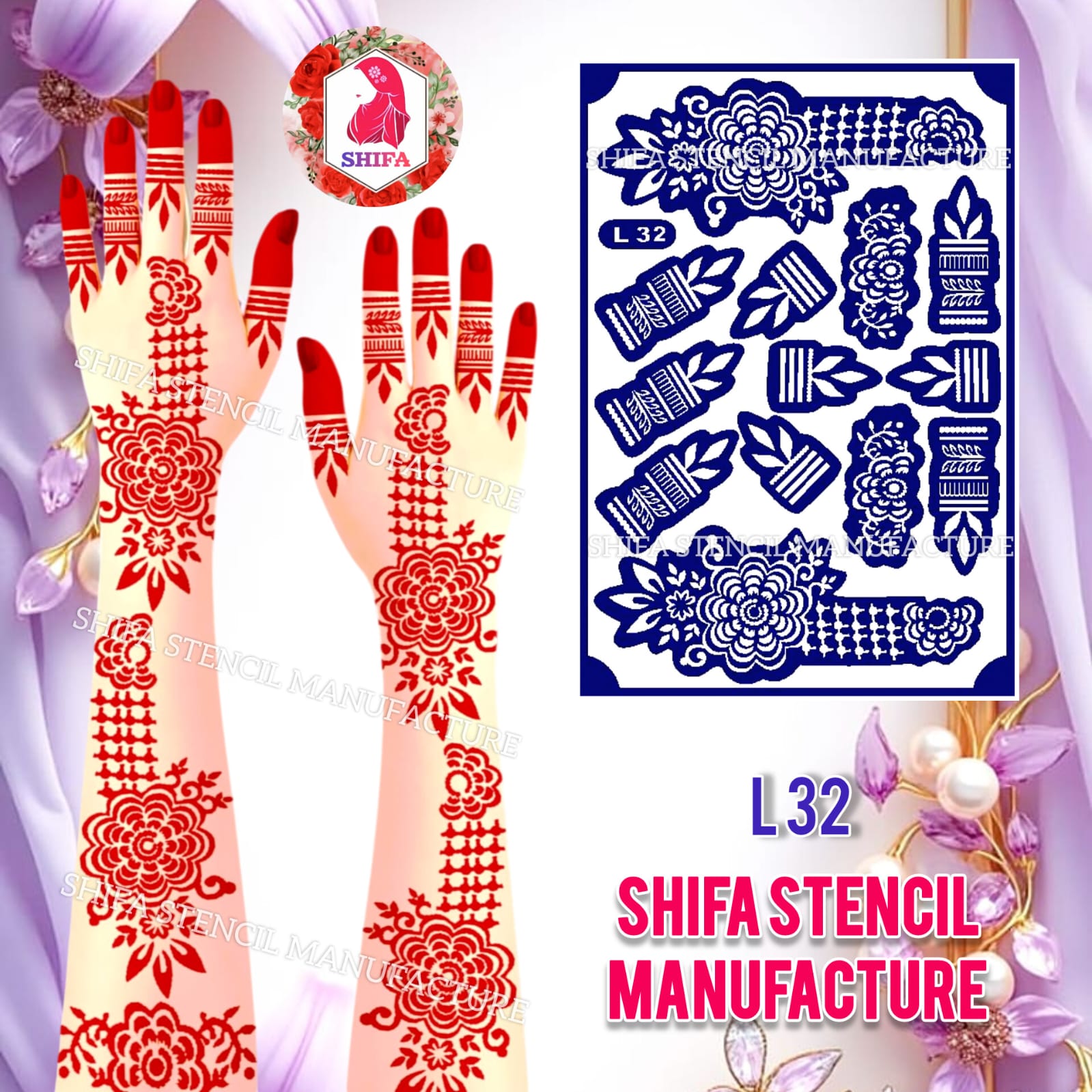 L 32 Floral Lattice Dream Sticker overview Henna Stencil - Shifa Stencil